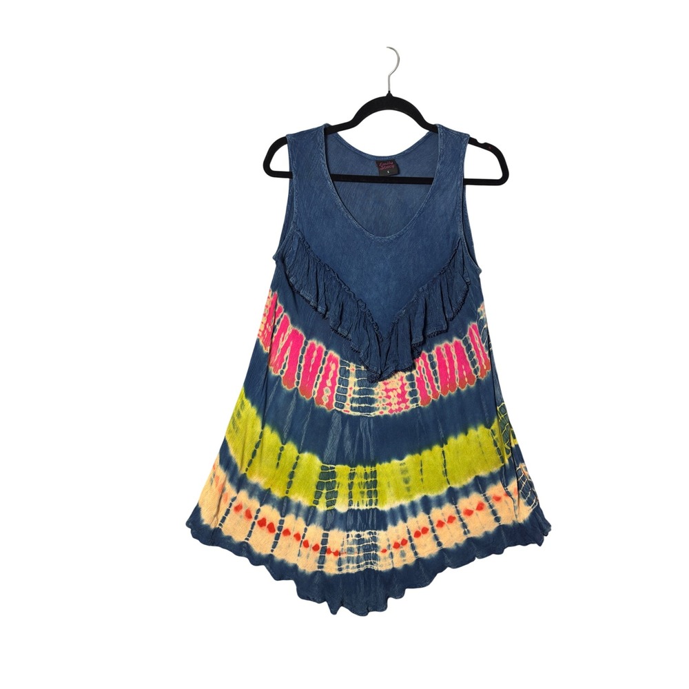 Emily Stacy Tunic Top S Blue Tie Dye Ruffle Sharkbite Boho Festival Colorful